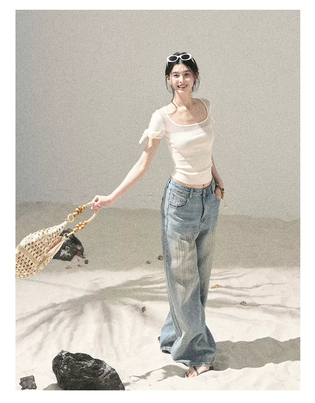"Gentle Ocean Tide" Dutch Cream Cutout Knit Crop Top 75511