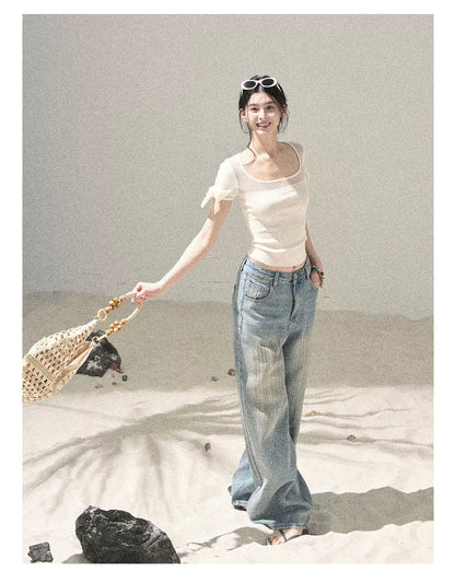 "Gentle Ocean Tide" Dutch Cream Cutout Knit Crop Top 75511