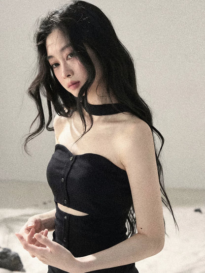"Between Light and Shadow" Midnight Black Halter Knit Bodycon Mini Dress