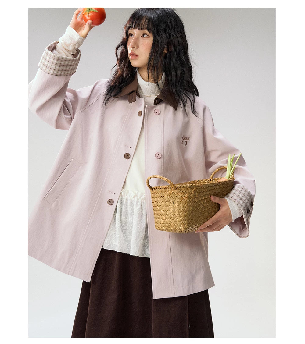 [CAN] Marshmallow & Cookie" Dusty Pink & Brown Plaid Bow Embroidered Trench Coat