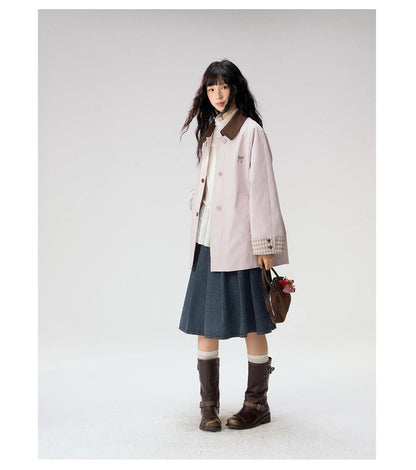 [CAN] Marshmallow & Cookie" Dusty Pink & Brown Plaid Bow Embroidered Trench Coat