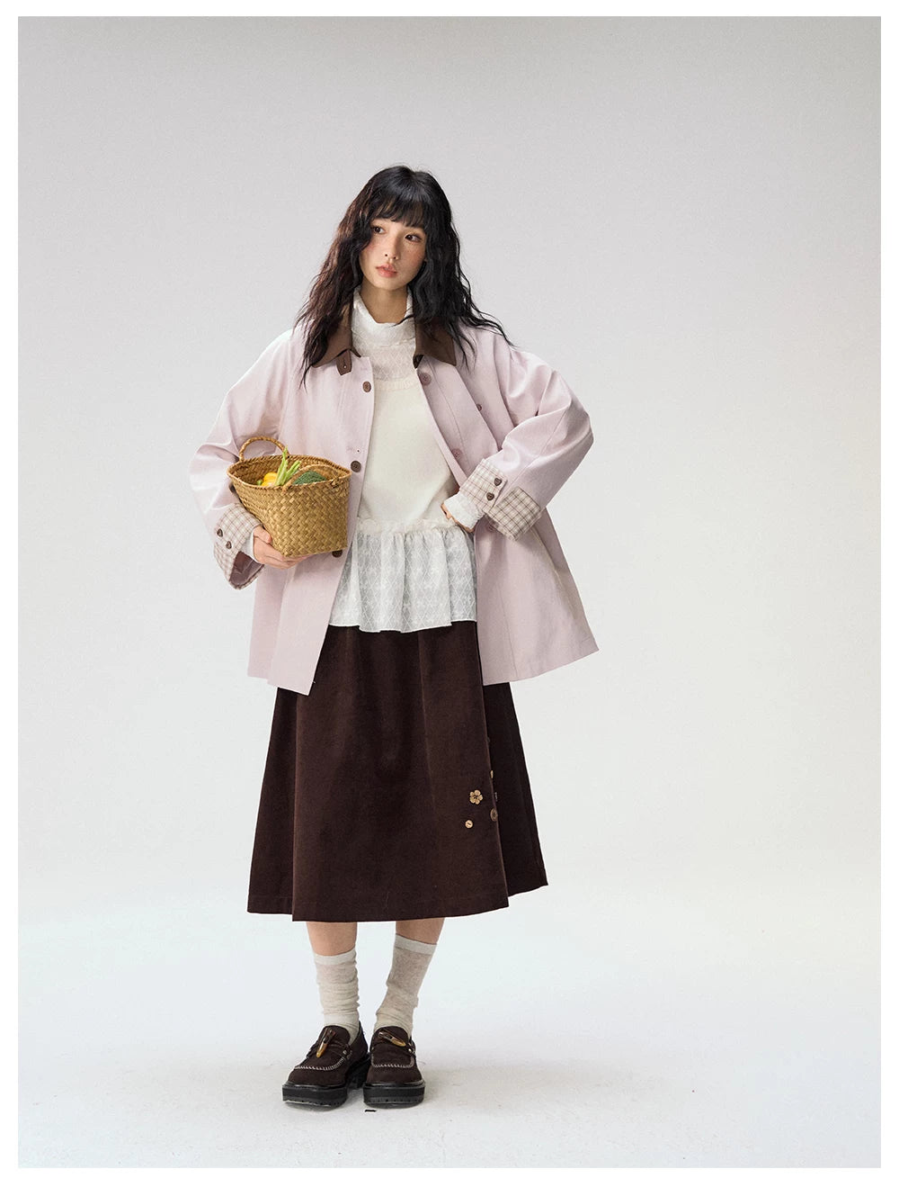 [CAN] Marshmallow & Cookie" Dusty Pink & Brown Plaid Bow Embroidered Trench Coat