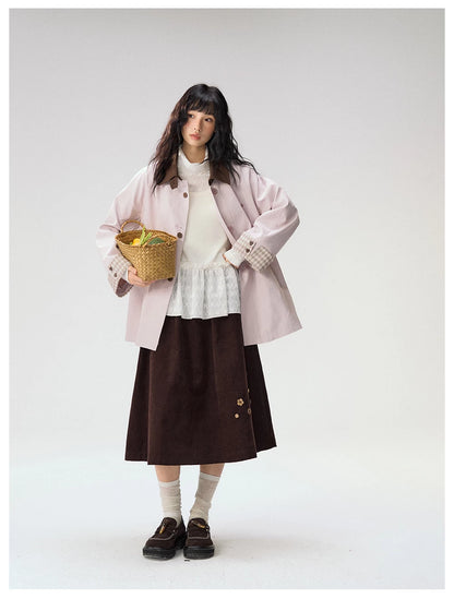 [CAN] Marshmallow & Cookie" Dusty Pink & Brown Plaid Bow Embroidered Trench Coat