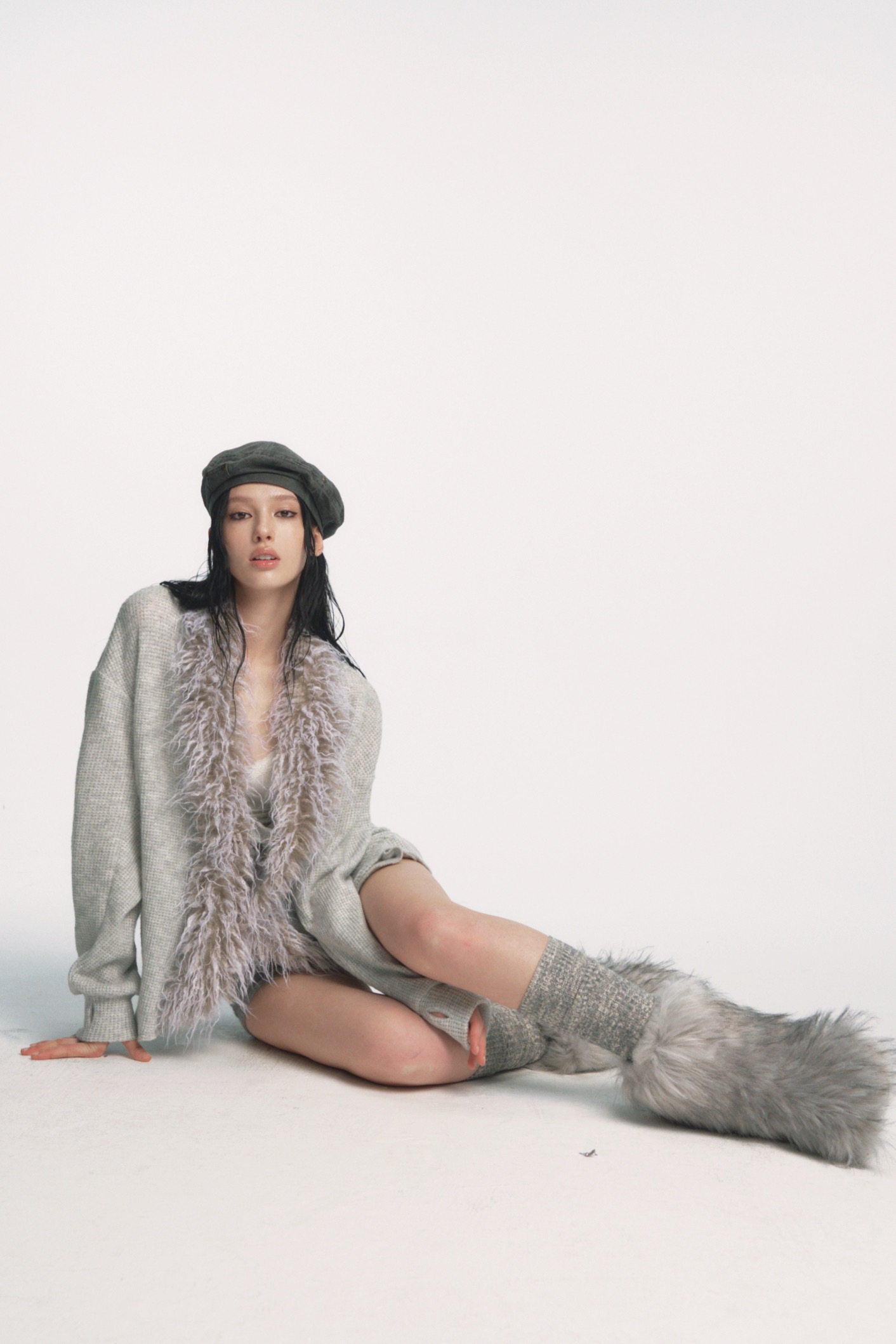 Muirgen - Ice Grey Waffle-Knit Wool Cardigan Jacket with Faux Fur Collar