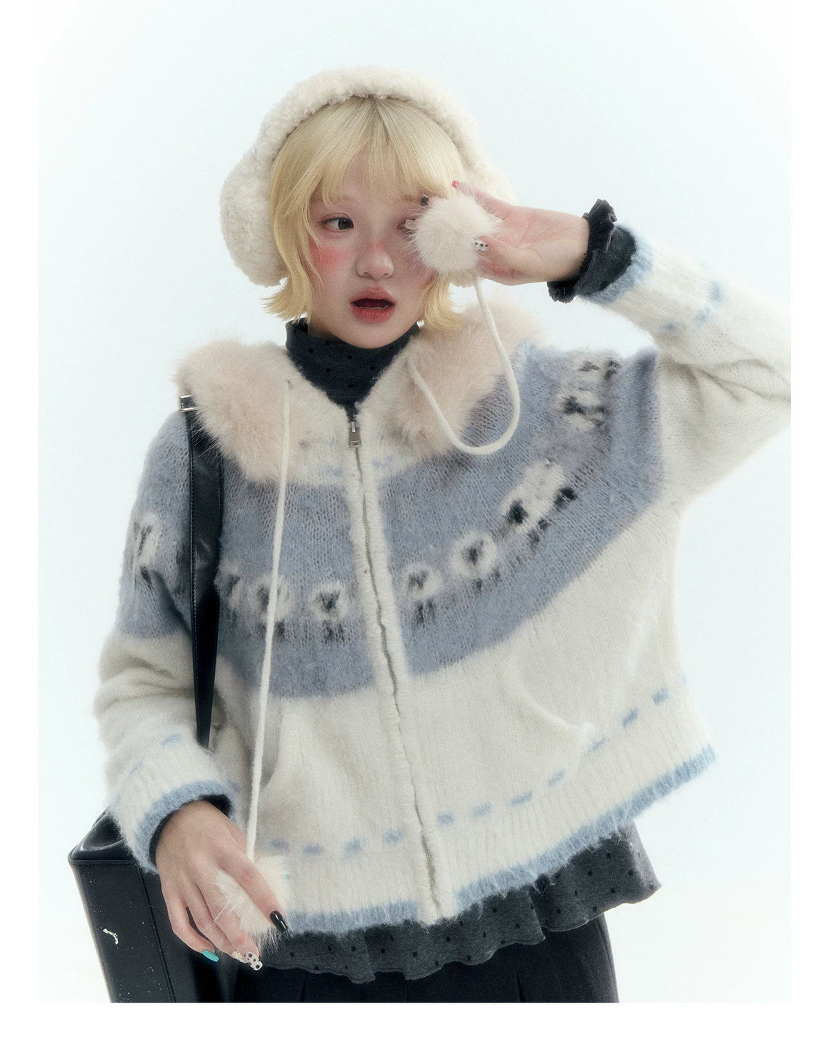 Horridale - Ice Blue White Sheep Jacquard Hooded Knit Cardigan