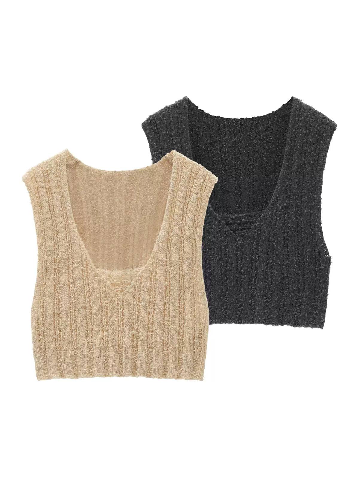 MAMC - U-Neck Textured Knit Vest - Cropped Sleeveless Sweater Top (Gray / Cream)