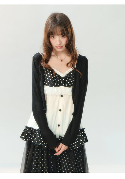 "Midnight Sweet Isle" Black Polka Dot Lace Two-Piece Skirt Set LL2026208