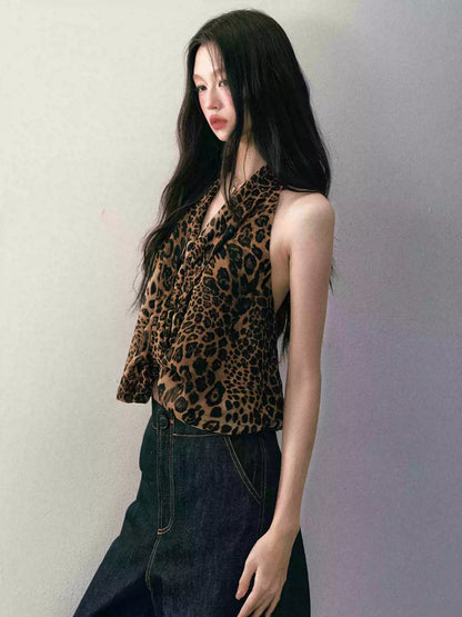 1P - Leopard Print Halter V-Neck Knot Top