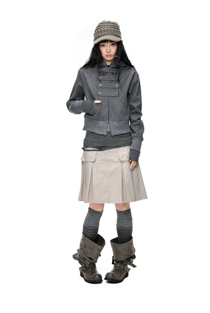EZEK | Cropped Hooded Sweatshirt Jacket with Double Metal Snap Closure (Black / Gray)
