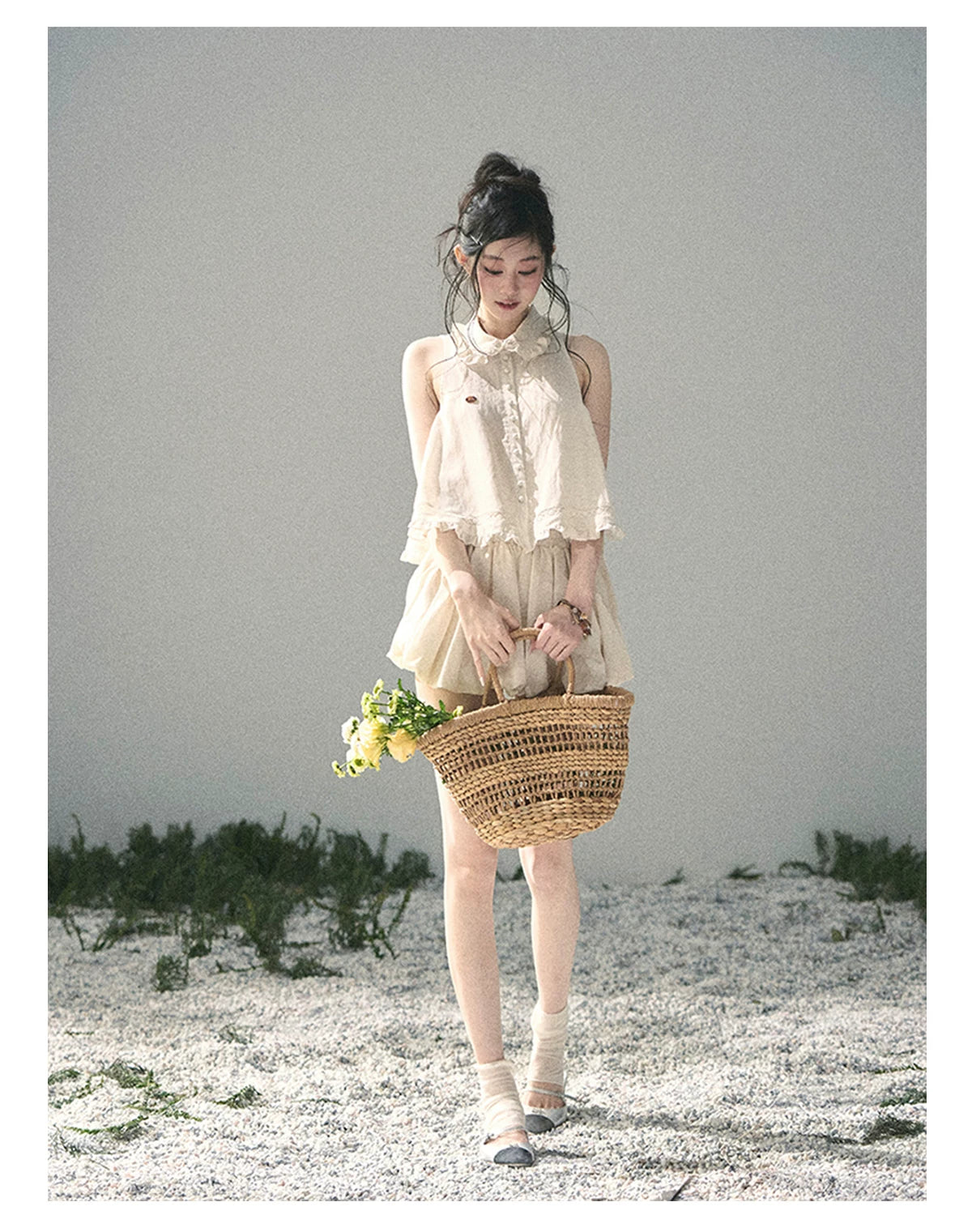 "Soft Cloud Reverie" Dutch Cream Lace Top & Bubble Skirt & Wide-Leg Pants Set 5468465