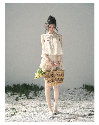 "Soft Cloud Reverie" Dutch Cream Lace Top & Bubble Skirt & Wide-Leg Pants Set 5468465