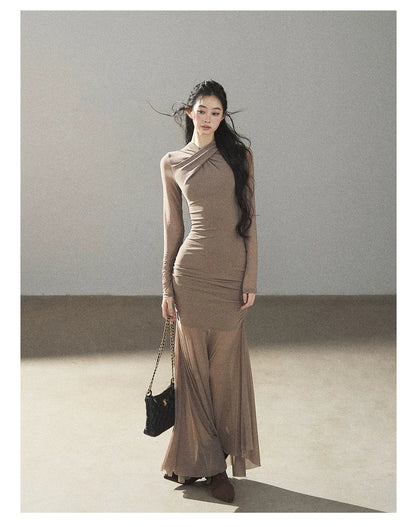 AOMALM - Milk Tea Ruched Mesh Mermaid Maxi Dress