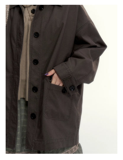 Dark Coffee Brown Washed Cotton Utility Jacket