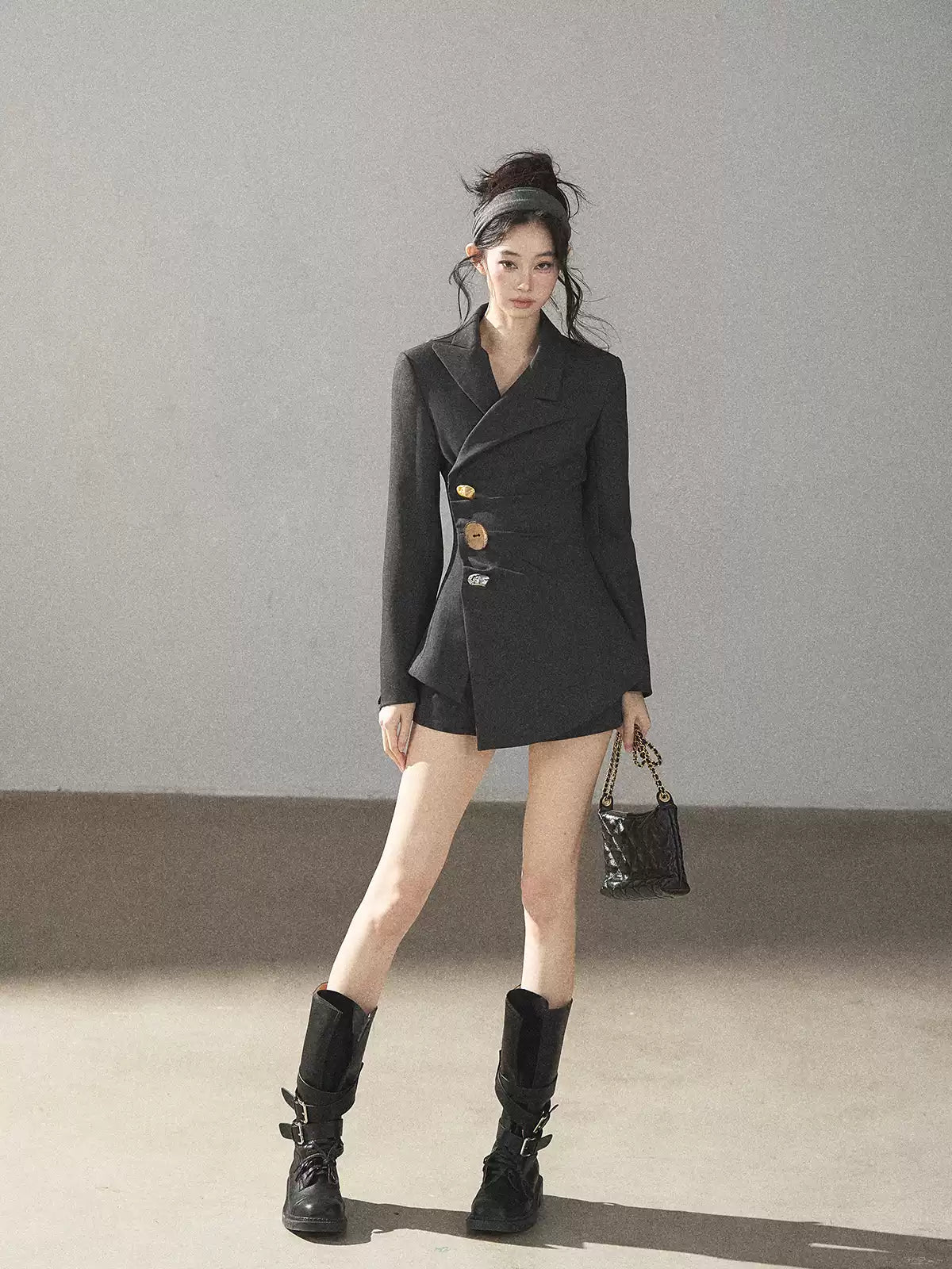 AOMALM - Deep Slate Gray Tailored Blazer & Shorts Set