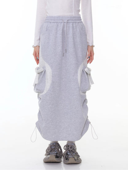 ZiziFei - Adjustable Drawstring Hem Midi Skirt – Light Grey with Bow Detail