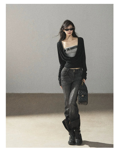AOMALM - “Her Shoreline” American Vintage Slim Flare Jeans (Rock Black / Vintage Blue)