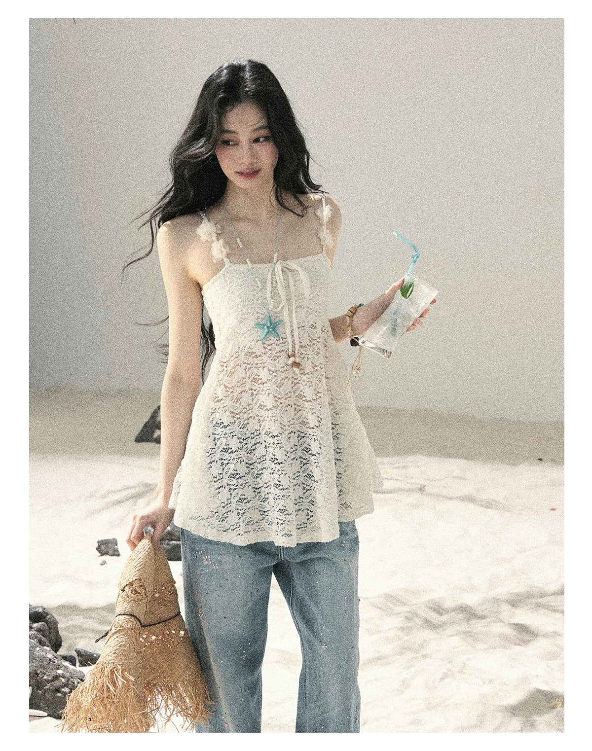 "Morning Mist" Frost White Lace Sheer Cami Top 65123