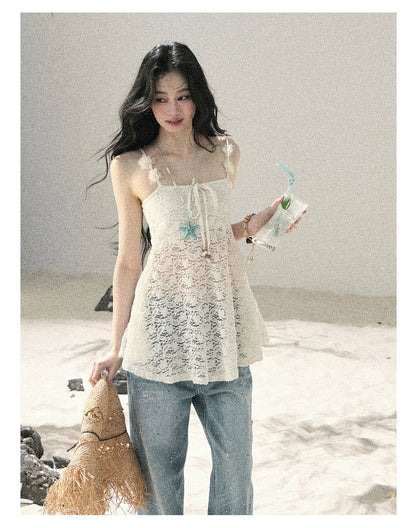 "Morning Mist" Frost White Lace Sheer Cami Top 65123