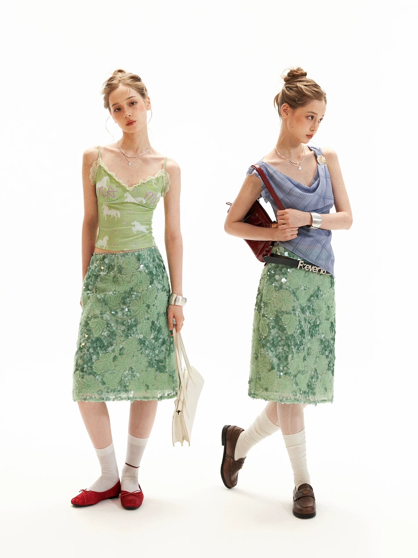 Mint Sequin Embroidered Midi Skirt