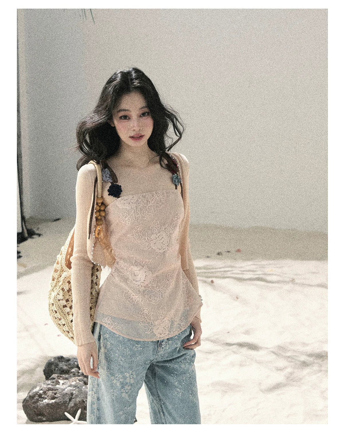 "Begonia in the Evening Breeze" Lotus Pink Embroidered Floral Cami Top
