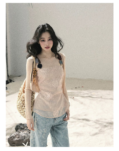 "Begonia in the Evening Breeze" Lotus Pink Embroidered Floral Cami Top