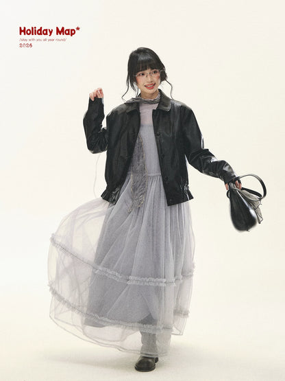 "Venus Gallery" Black Ruffle Collar Cropped Faux Leather Jacket