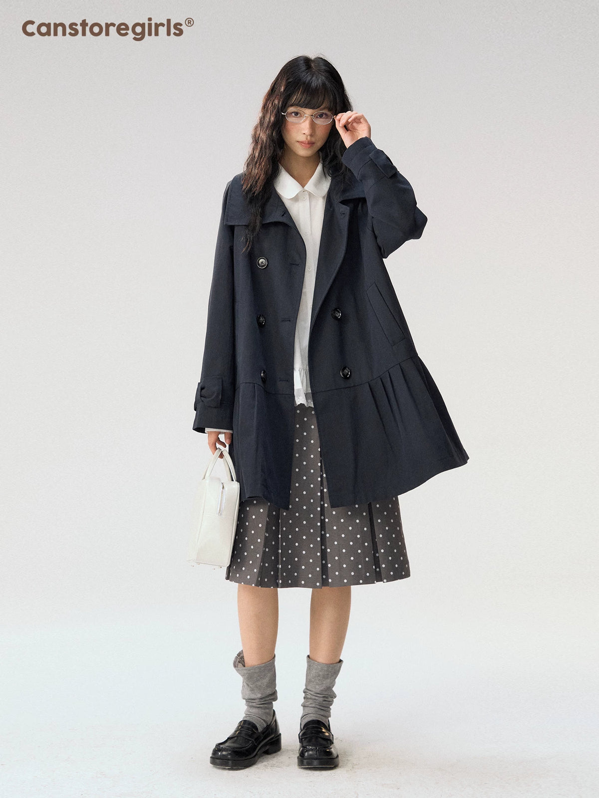 [CAN] "Azure Echoes" Navy Double-Breasted Bow Long Trench Coat