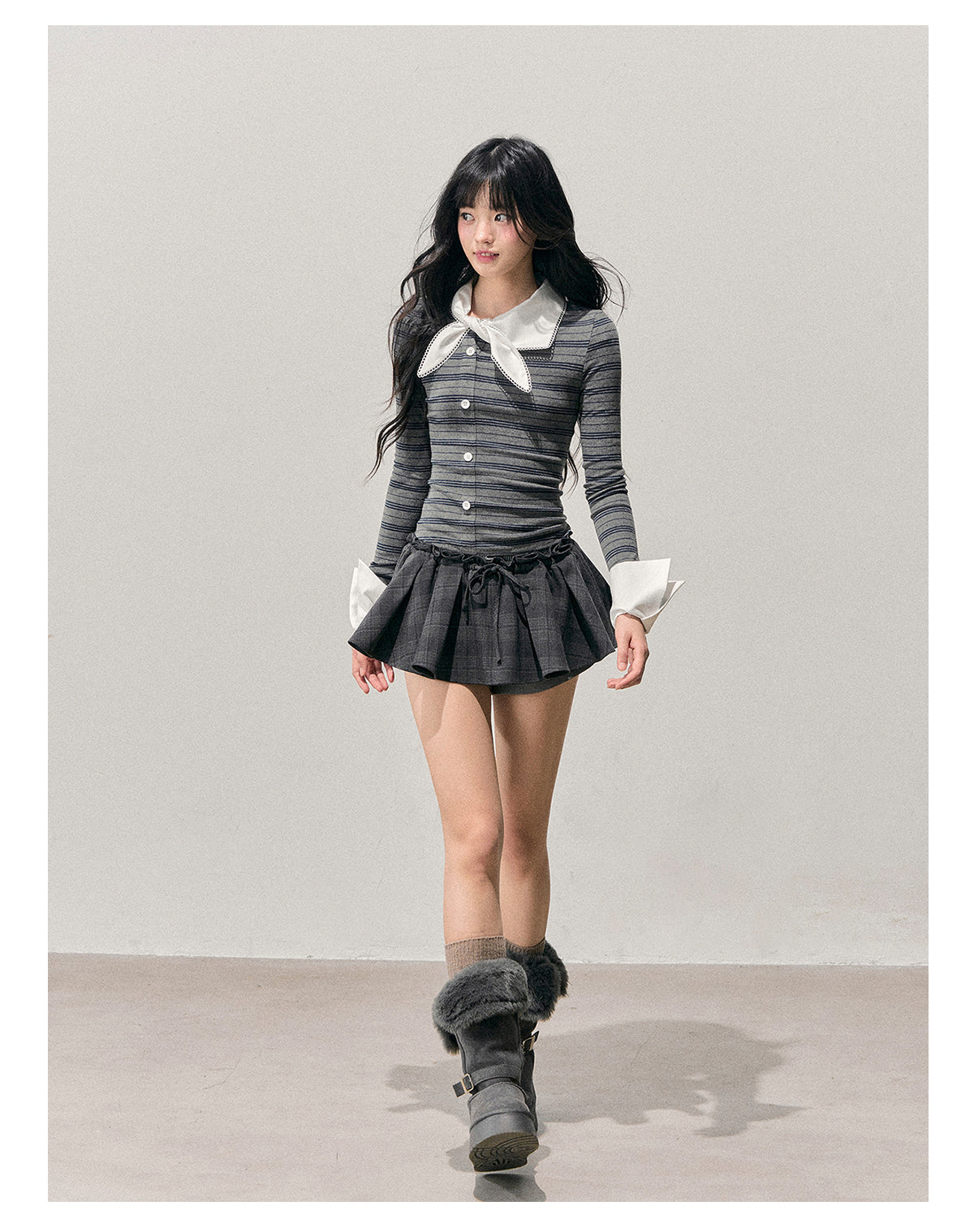 少也眼 “The Unsent Mailbox” Faux-Layered Stripe Long-Sleeve Top 26484