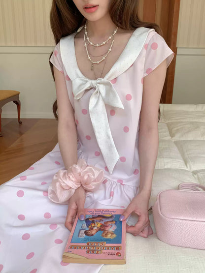 [RF] “Polka Dot Pudding” Soft Mist Pink Bow Lace-Trimmed Dress