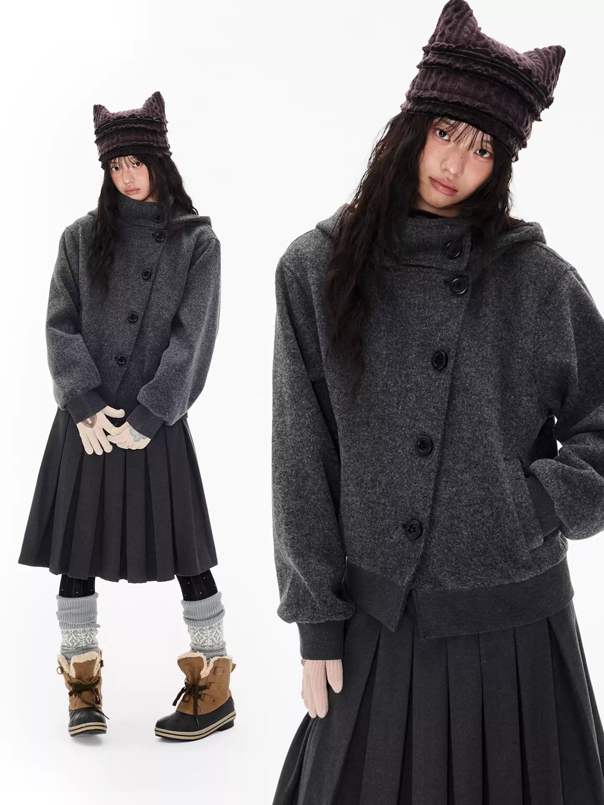 EZEK | Preppy Hooded Wool Blend Jacket with Button Front