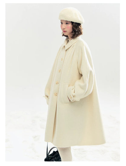 "Black & White Waltz" Hand-Stitched Wool-Blend Swing Coat (Ivory/ Black)