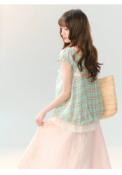 "Mint Peach Whisper" Mint Green Plaid Embroidered Skirt Set LL2026196