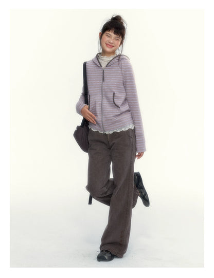 Dusty Purple Stripe Hooded Knit Cardigan