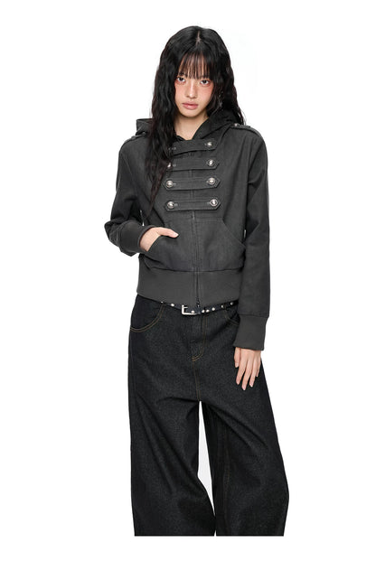EZEK | Cropped Hooded Sweatshirt Jacket with Double Metal Snap Closure (Black / Gray)