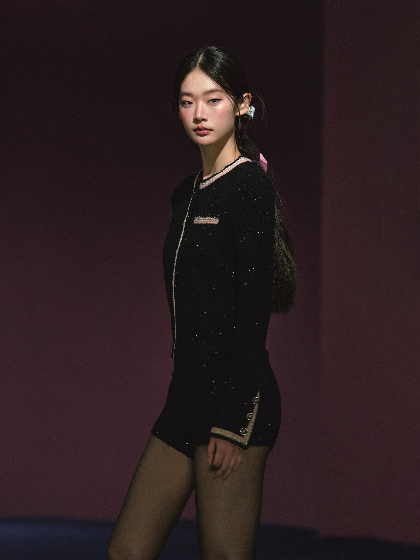 "Starlit Heiress" Black Shimmer Contrast Knit Cardigan & Shorts Set