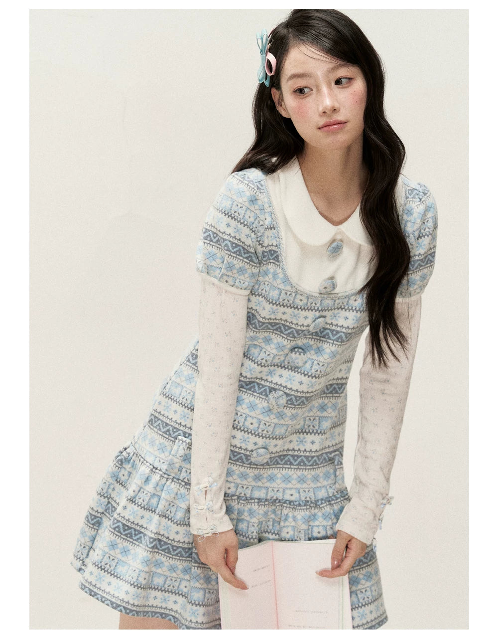 [RF] Cream Floral Peter Pan Collar Long-Sleeve Fitted Layering Top with Lace Details