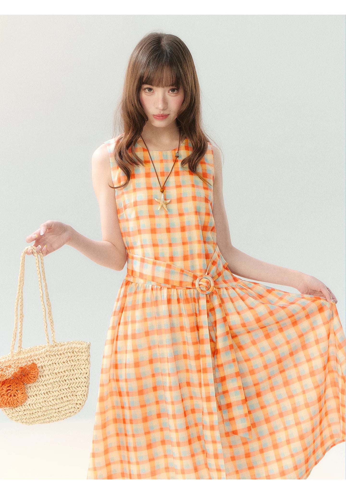 "Orange Sugar Cube" Tangerine Plaid Tie-Waist Sleeveless Dress SH2026201