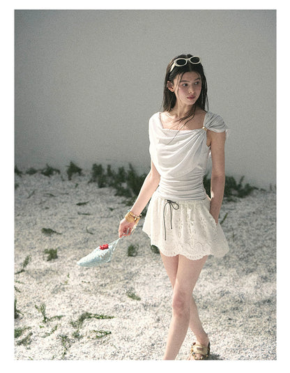 “When the Wind Stole Moonlight” Moonstone Draped Off-Shoulder Top