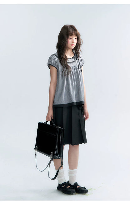 "Black Toast" Black Stripe Asymmetrical Collar Babydoll Blouse