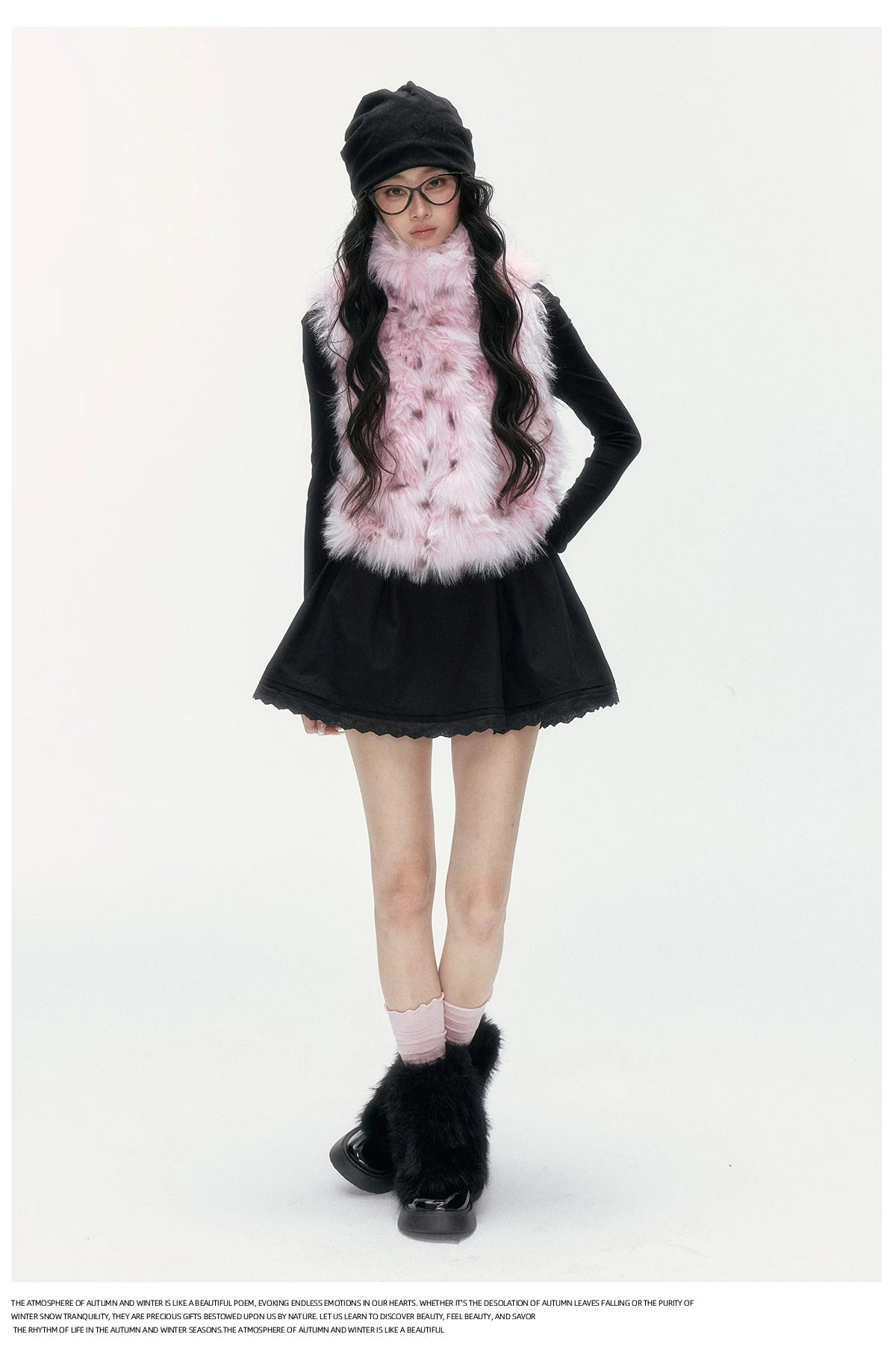24olvides - Black and Pink Polka Dot Faux Fur Vest