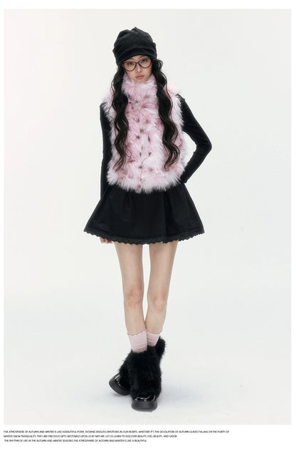 24olvides - Black and Pink Polka Dot Faux Fur Vest