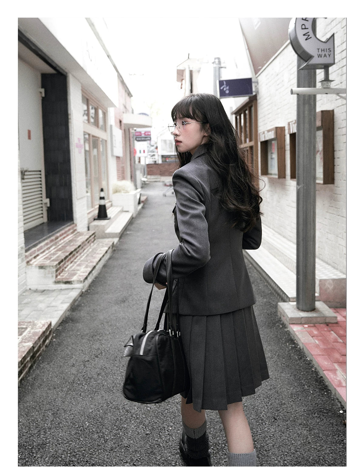 "Grey Finch" Gray Korean Preppy Suit Collection (Blazer / T-Shirt / Box Pleated Skirt)