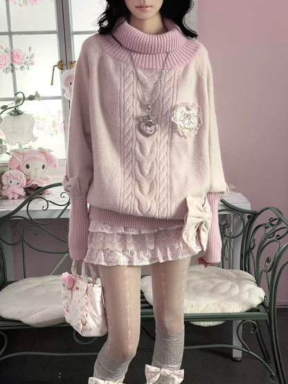KYOUKO - My Melody Pink High-Neck Cable-Knit Sweater and Lace Tiered Skirt Set