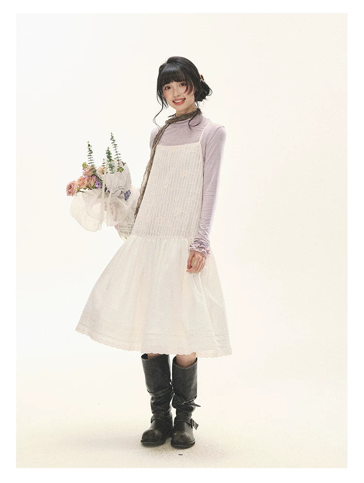 "Ivory Blossoms" Apricot Mist Beige Floral Pinafore Midi Dress