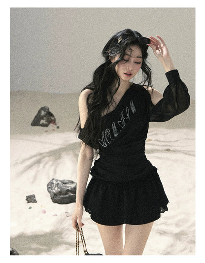 "Scattered Starlight" Midnight Black Off-Shoulder Mesh Waist-Cinched Top