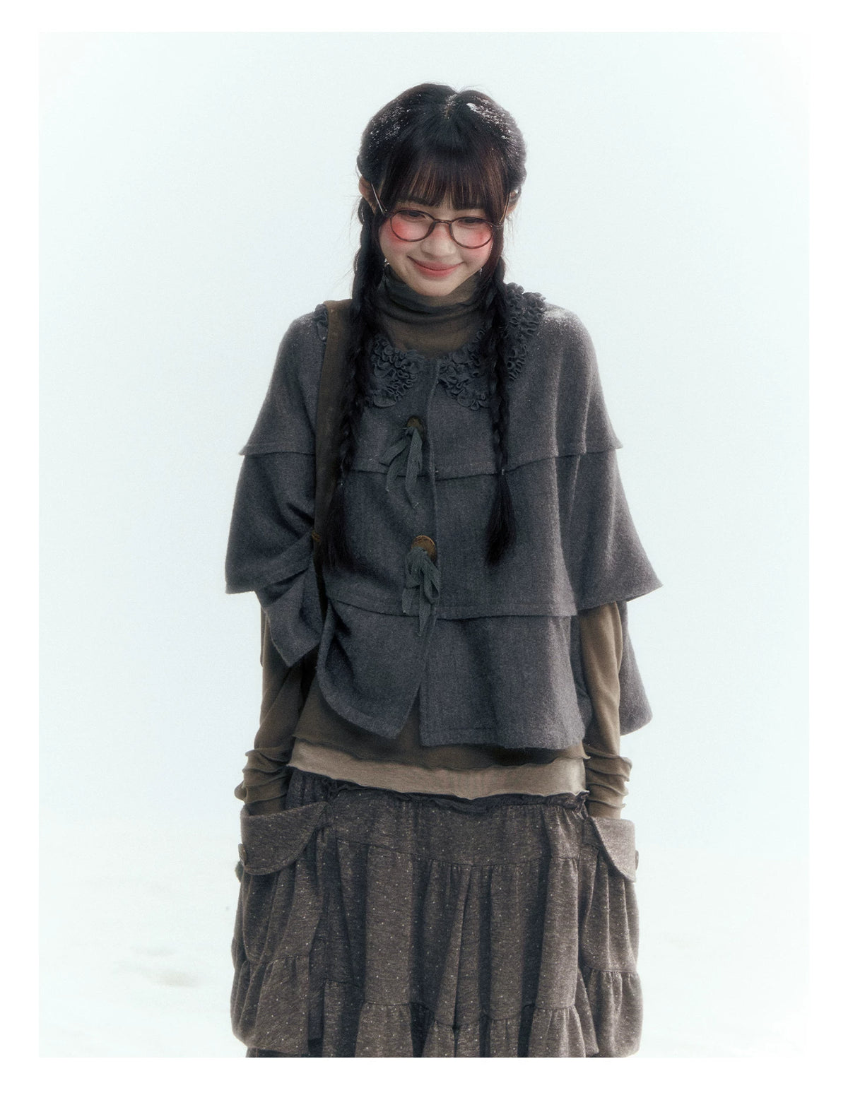 Horridale - Warm Charcoal Gray Knit Cape Poncho with Ruffle Collar