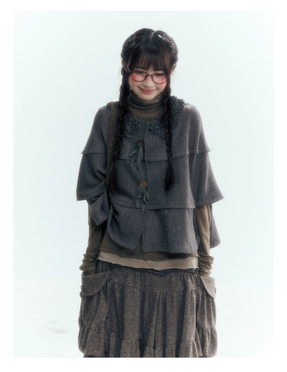 Horridale - Warm Charcoal Gray Knit Cape Poncho with Ruffle Collar