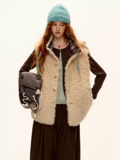 ASGONY - Reversible Plaid & Faux Fur Stand-Collar Vest