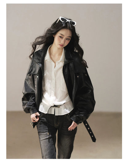AOMALM - "Solo Journey" Quiet Black Oversized PU Moto Jacket