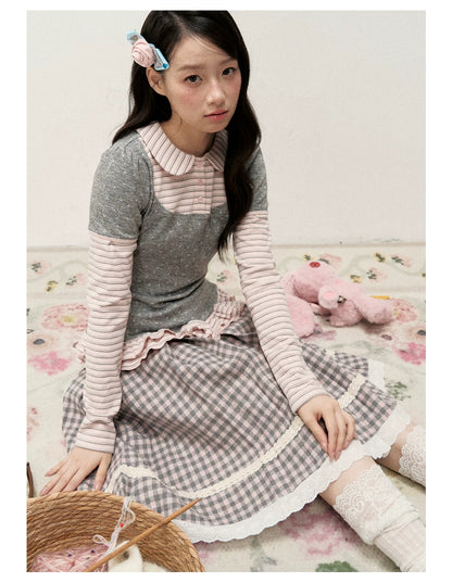 [RF] Floral Gray Pink Faux Two-Piece Striped Layered Blouse with Peter Pan Collar